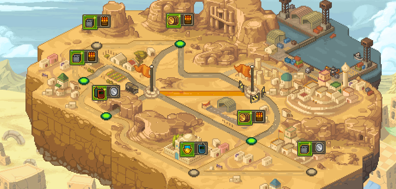 Map screen from Metal Slug Tactics showing a desert landscape with various icons representing locations and resources.