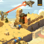 Gameplay scene from Metal Slug Tactics featuring a soldier aiming at an aircraft, with various terrain elements like palm trees and a tank.