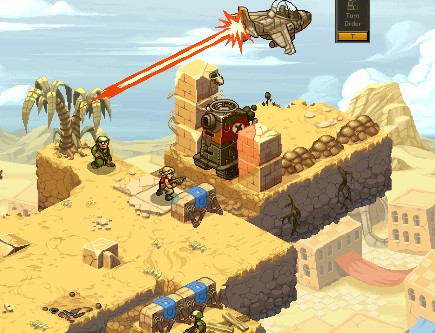 Gameplay scene from Metal Slug Tactics featuring a soldier aiming at an aircraft, with various terrain elements like palm trees and a tank.