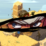 Screenshot from Metal Slug Tactics featuring characters and a desert landscape with palm trees and ruins.