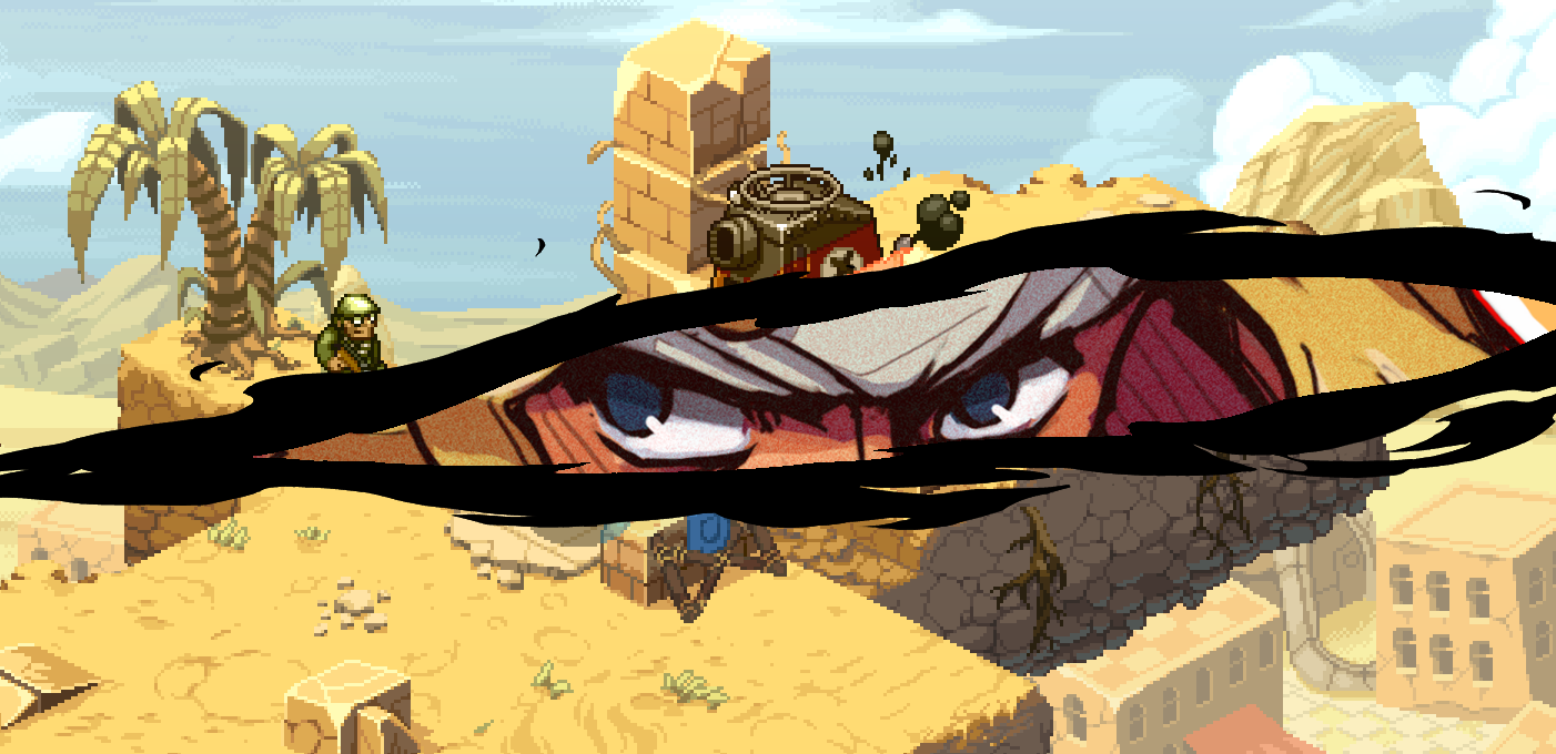 Screenshot from Metal Slug Tactics featuring characters and a desert landscape with palm trees and ruins.