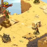 A character fires a weapon at an enemy in a desert-like environment from the game Metal Slug Tactics.