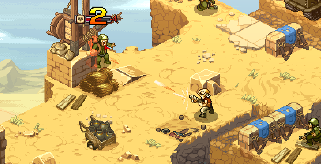 A character fires a weapon at an enemy in a desert-like environment from the game Metal Slug Tactics.