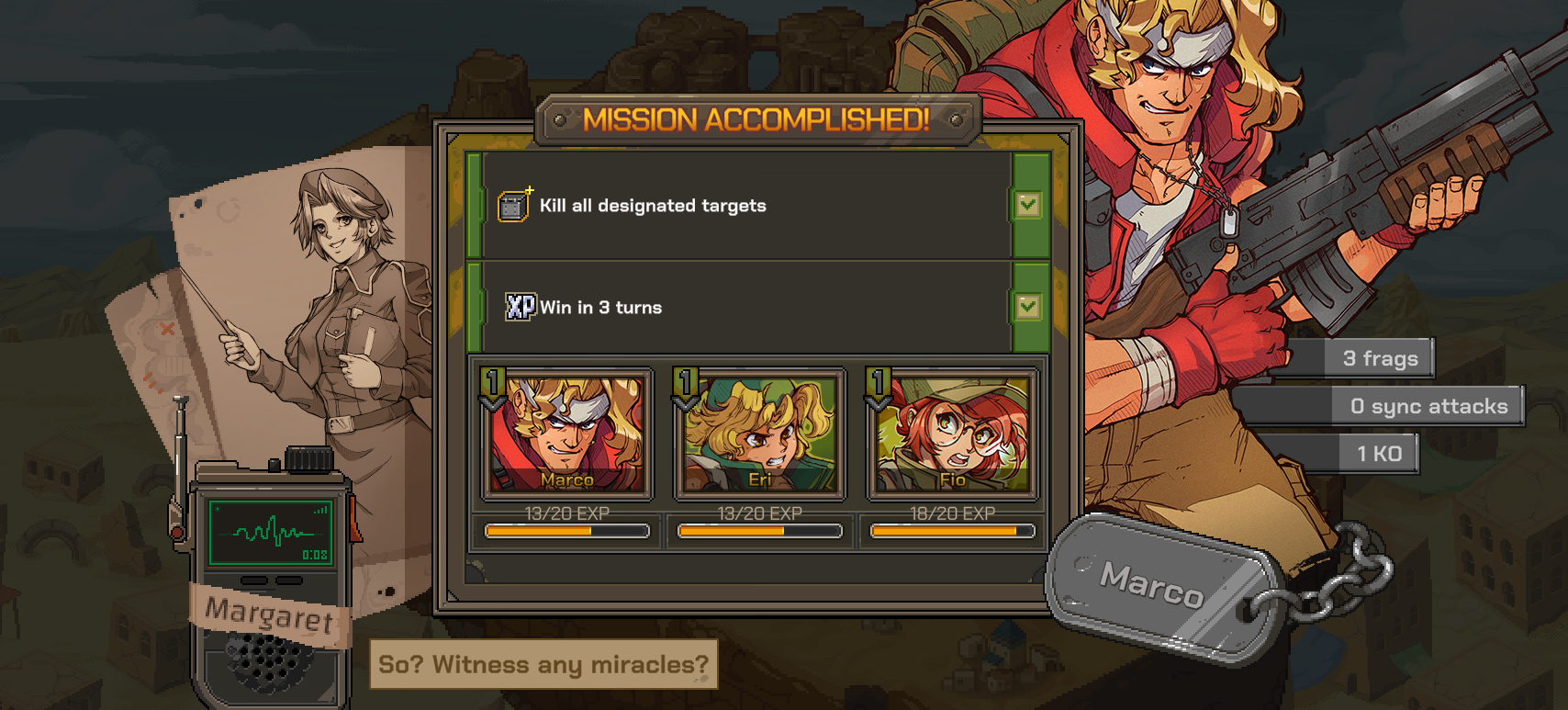 Screenshot from Metal Slug Tactics showing a "Mission Accomplished" screen with character stats and objectives displayed.