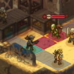A tactical battle scene from Metal Slug Tactics featuring characters on a grid map, with various terrain and obstacles.