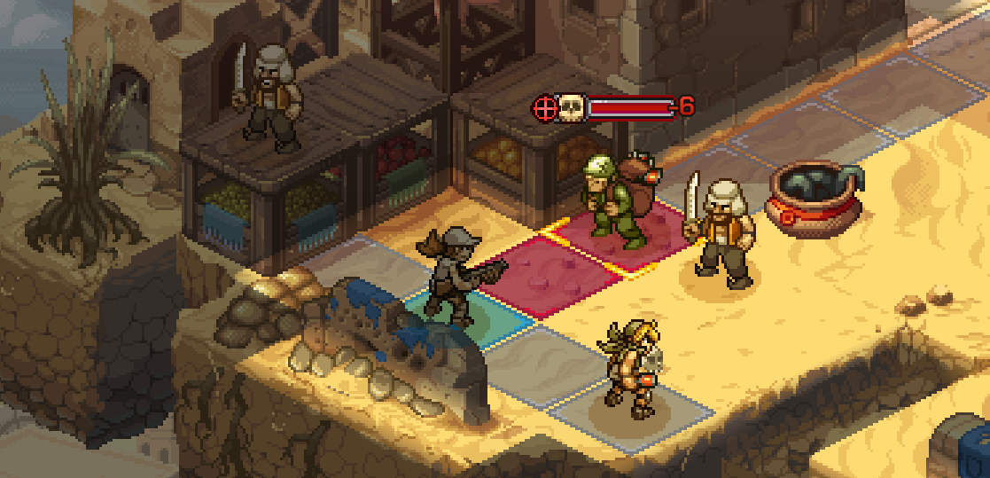 A tactical battle scene from Metal Slug Tactics featuring characters on a grid map, with various terrain and obstacles.