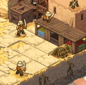 Gameplay scene from Metal Slug Tactics featuring characters with swords on a desert landscape.