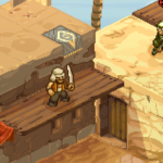 Two characters on different levels in a desert-themed environment from Metal Slug Tactics: one with a sword and the other seated, both ready for action.