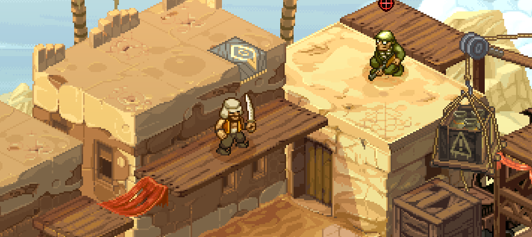 Two characters on different levels in a desert-themed environment from Metal Slug Tactics: one with a sword and the other seated, both ready for action.