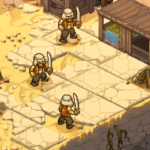 Three soldiers with swords stand on a desert map in Metal Slug Tactics.