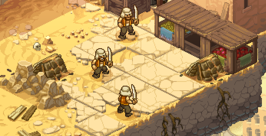 Three soldiers with swords stand on a desert map in Metal Slug Tactics.