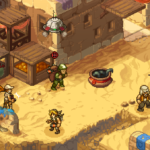 Gameplay scene from Metal Slug Tactics, featuring characters in a desert environment with stands and a UFO overhead.