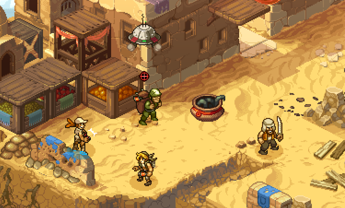 Gameplay scene from Metal Slug Tactics, featuring characters in a desert environment with stands and a UFO overhead.