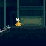 A character in a yellow cloak stands on a platform within a dark, industrial environment in the game Nine Sols.