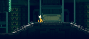 A character in a yellow cloak stands on a platform within a dark, industrial environment in the game Nine Sols.