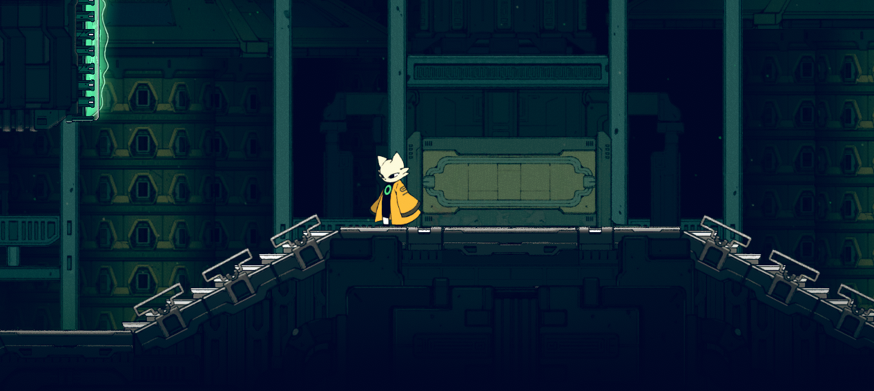 A character in a yellow cloak stands on a platform within a dark, industrial environment in the game Nine Sols.