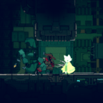 A character in a yellow cloak faces off against another character wearing a red outfit, in a dark, futuristic environment with machinery in the background.