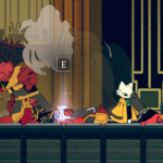 A character in a vibrant, stylized environment interacts with another character in a combat pose.