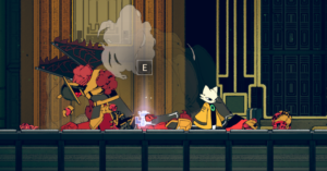 A character in a vibrant, stylized environment interacts with another character in a combat pose.