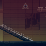 A character in a cloak stands on a platform facing a soldier with a sword in a stylized, colorful game environment.