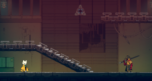 A character in a cloak stands on a platform facing a soldier with a sword in a stylized, colorful game environment.