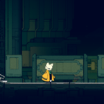 A character in a yellow coat standing on a platform in a futuristic, industrial environment.