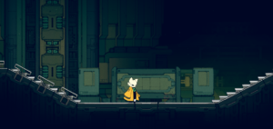 A character in a yellow coat standing on a platform in a futuristic, industrial environment.