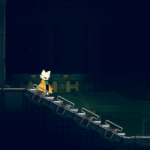 A character in a yellow robe walks down a metal staircase in a dark, atmospheric environment.