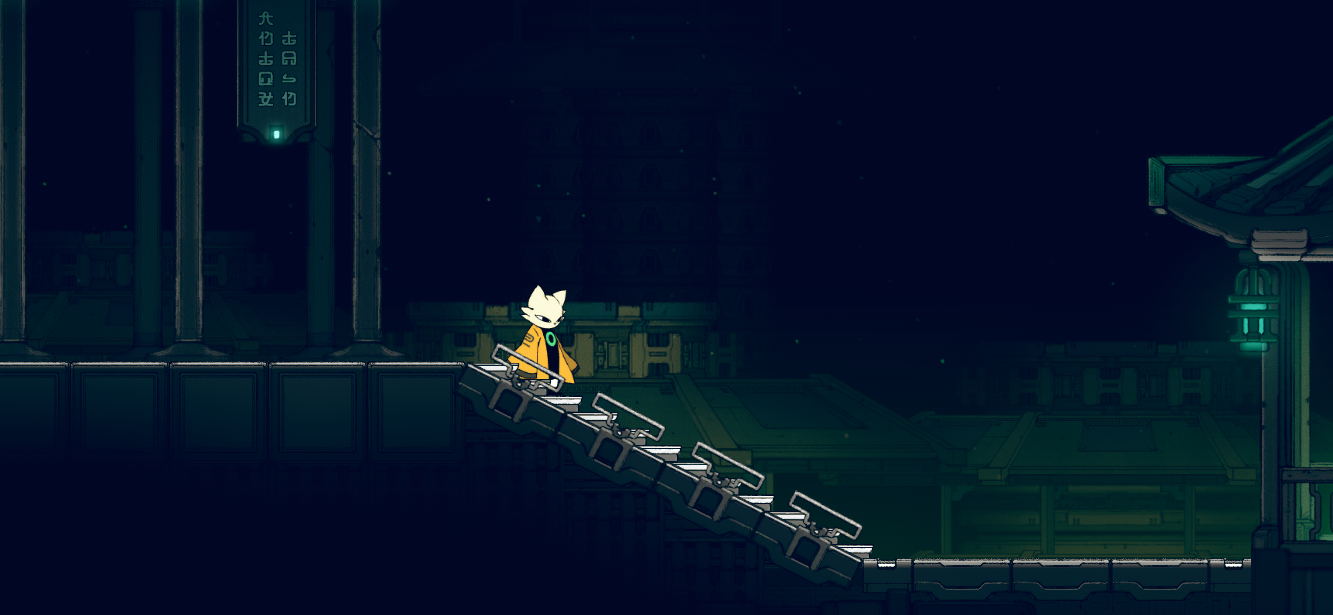 A character in a yellow robe walks down a metal staircase in a dark, atmospheric environment.