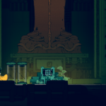 A character with a fox-like appearance stands next to a glowing machine in a dark, industrial setting within Nine Sols.