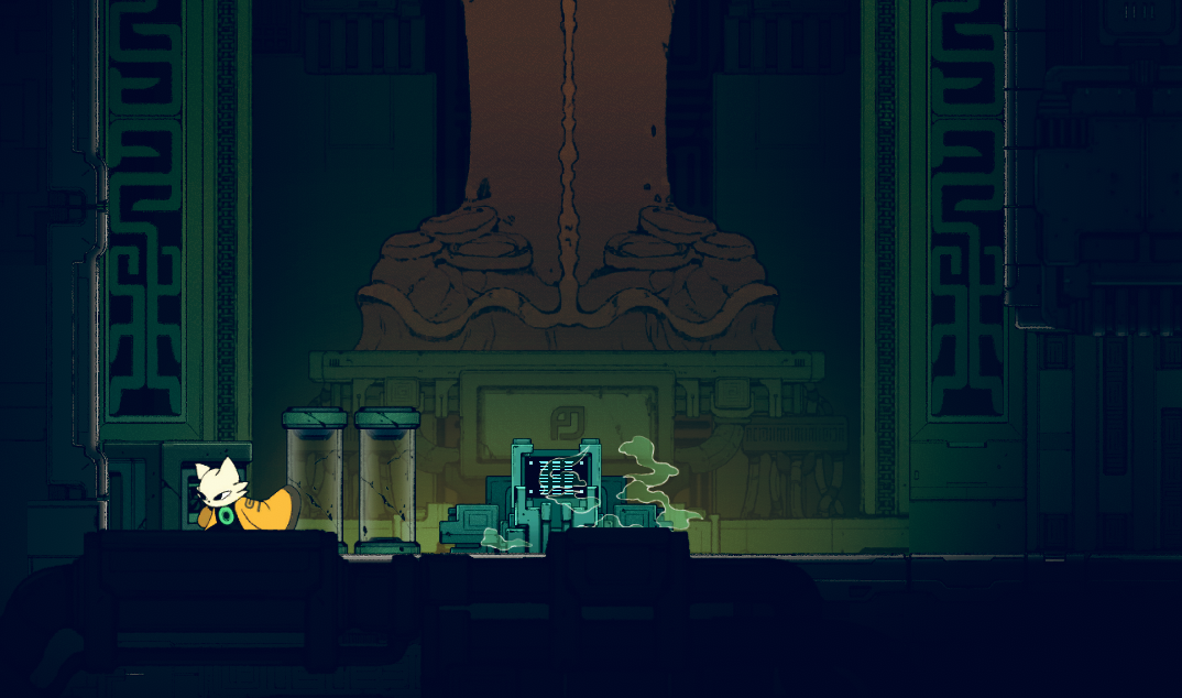 A character with a fox-like appearance stands next to a glowing machine in a dark, industrial setting within Nine Sols.