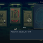 A character named Ruyi expresses concern, stating, "We are in trouble, my lord," against a backdrop of futuristic posters and a dialogue interface.