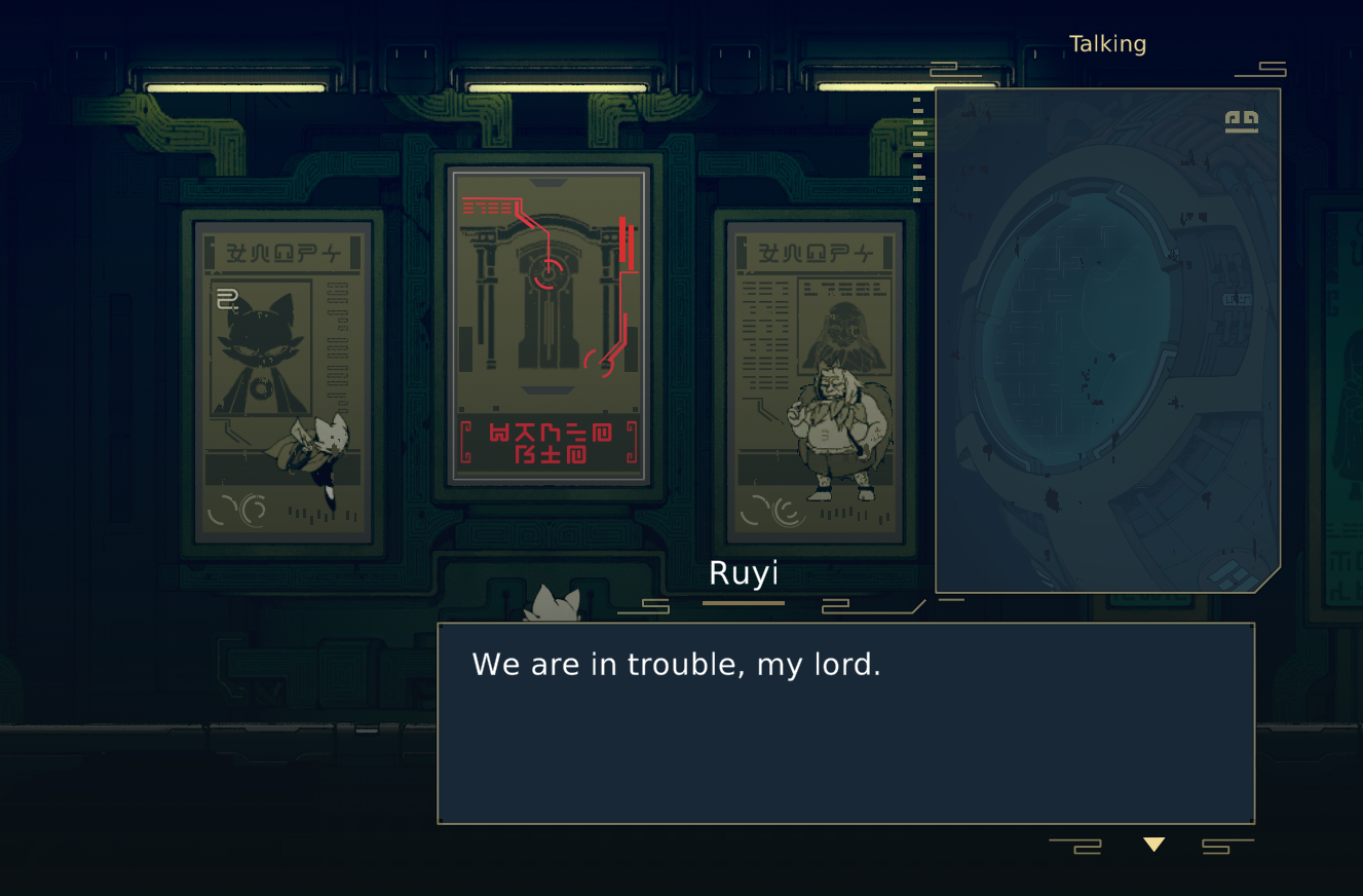 A character named Ruyi expresses concern, stating, "We are in trouble, my lord," against a backdrop of futuristic posters and a dialogue interface.