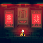 A character in a yellow cloak stands in a dimly lit hall with red glowing posters on the walls.