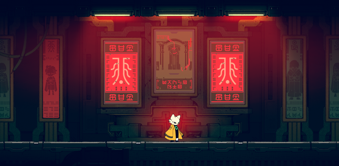 A character in a yellow cloak stands in a dimly lit hall with red glowing posters on the walls.