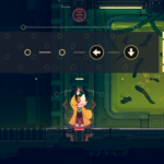 Character standing on a platform with a menu displaying interactive elements in a sci-fi environment, featuring hands in green liquid.