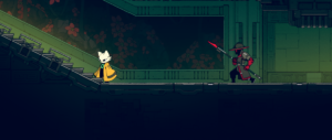 A character in a yellow cloak stands on stairs, while a red-armed enemy approaches with a spear in a stylized, vibrant environment.