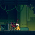A character in a red outfit stands next to a white creature in a yellow cloak, set in a dimly lit, industrial environment.