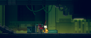 A character in a red outfit stands next to a white creature in a yellow cloak, set in a dimly lit, industrial environment.