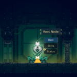 In a futuristic setting, a character interacts with a "Root Node" menu displaying options: Rest, Skills, and Status.