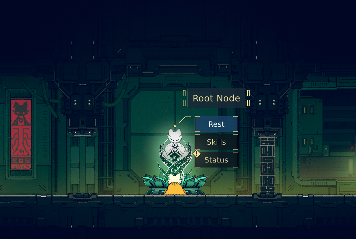 In a futuristic setting, a character interacts with a "Root Node" menu displaying options: Rest, Skills, and Status.