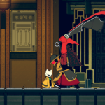 Two characters walk through a stylized corridor in the game Nine Sols. One character is larger and wielding a large blade, while the other is smaller and wearing a yellow cloak.