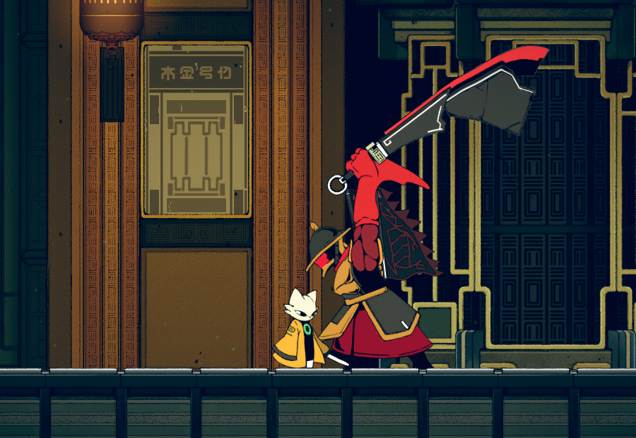 Two characters walk through a stylized corridor in the game Nine Sols. One character is larger and wielding a large blade, while the other is smaller and wearing a yellow cloak.