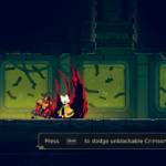 Screenshot from the game Nine Sols showing two characters in a sci-fi environment, with a prompt to press Shift to dodge attacks.