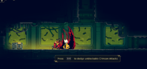 Screenshot from the game Nine Sols showing two characters in a sci-fi environment, with a prompt to press Shift to dodge attacks.