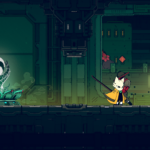 A character in a yellow cloak stands beside a glowing lotus-like structure in a sci-fi background.
