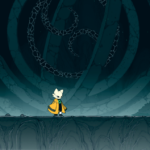 A character in a yellow cloak stands on a rocky landscape with a swirling, abstract background in dark tones.