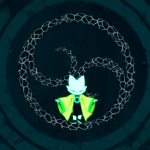 A glowing character in a green cloak stands among swirling, geometric shapes.
