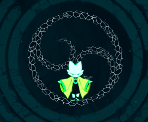 A glowing character in a green cloak stands among swirling, geometric shapes.