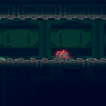 A character with a glowing red outline on a dark, industrial platform in a video game environment.